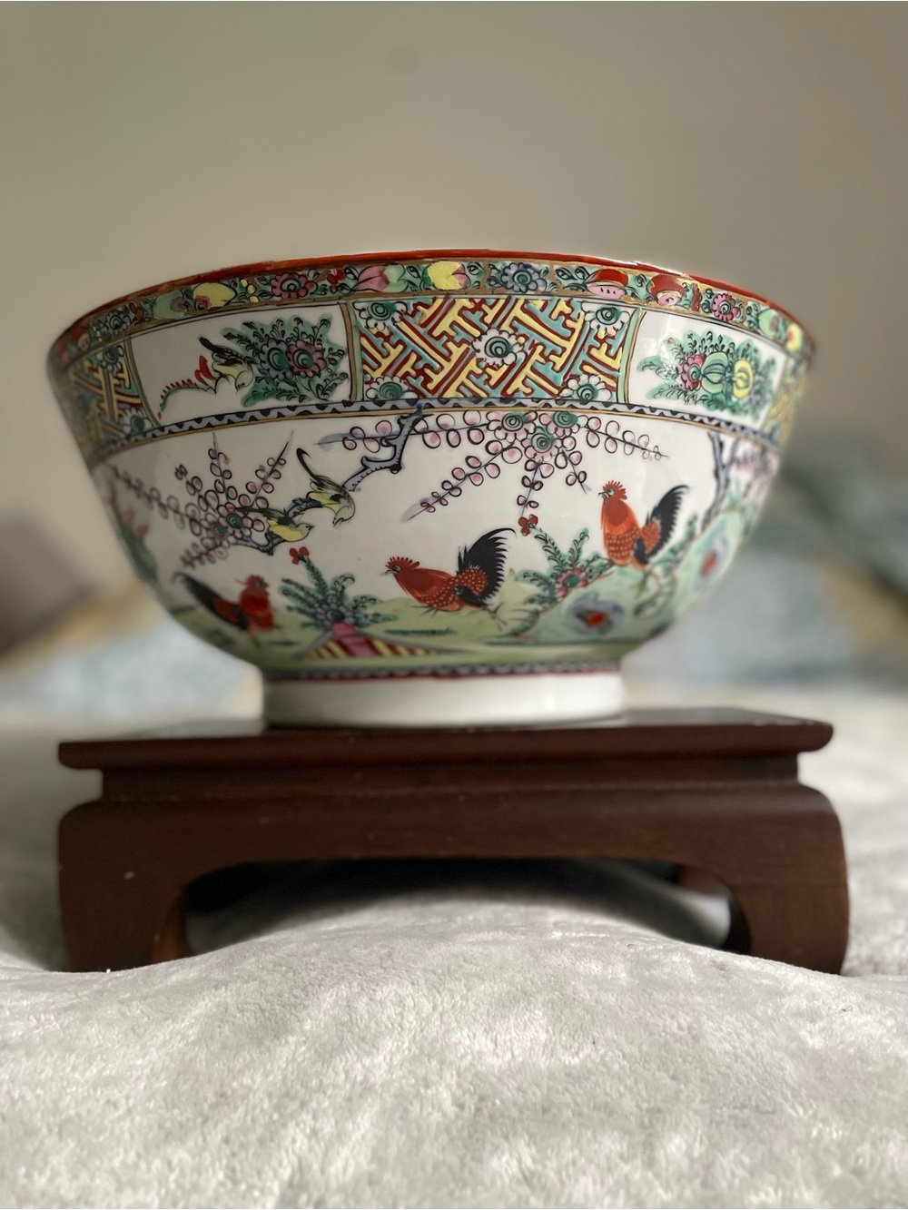 Vintage rose medallion style Hand-Painted Rooster Porcelain Bowl in Multi-Color